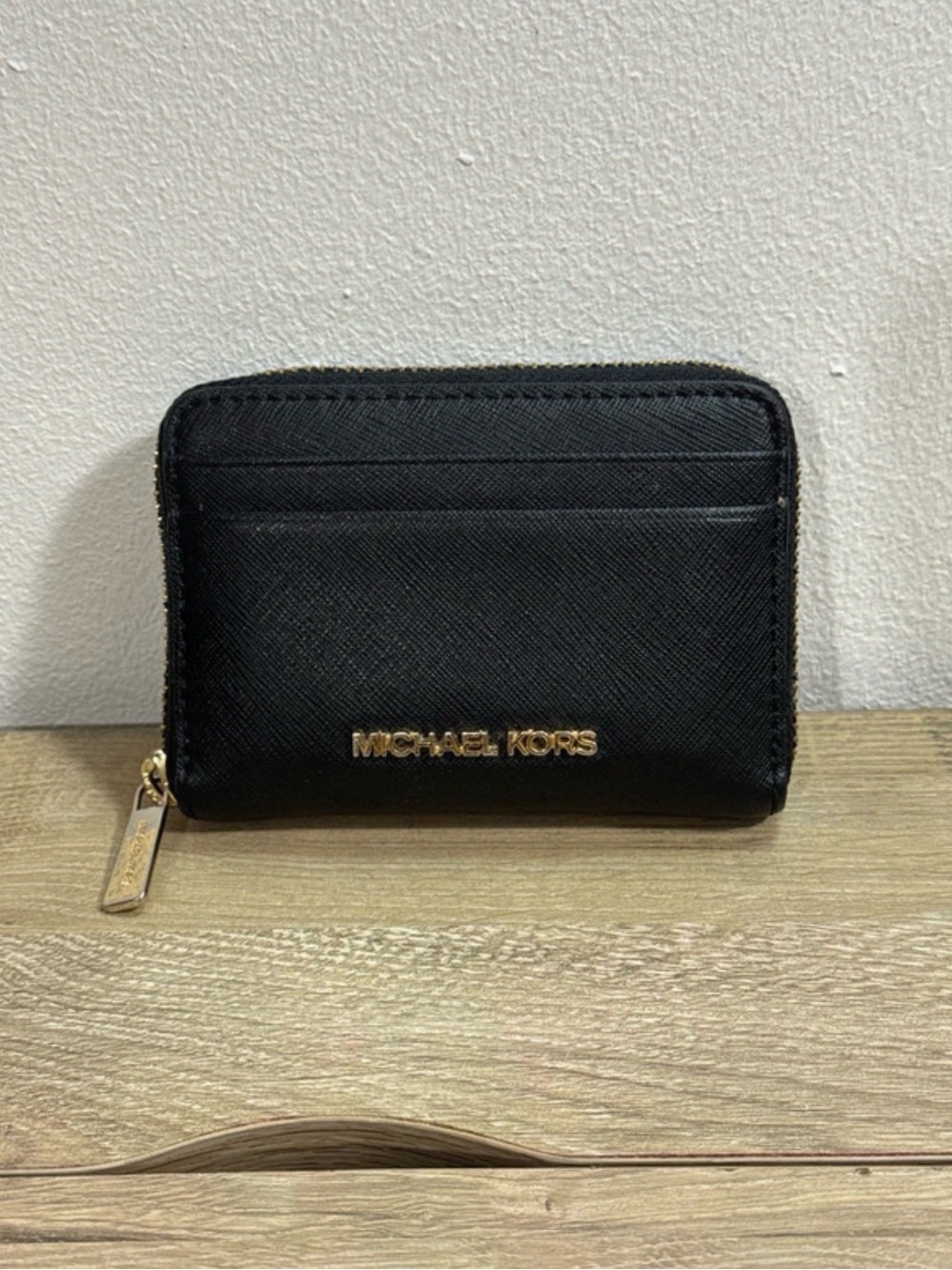 Michael Kors Black Saffiano Zip Card Holder with Gold Logo